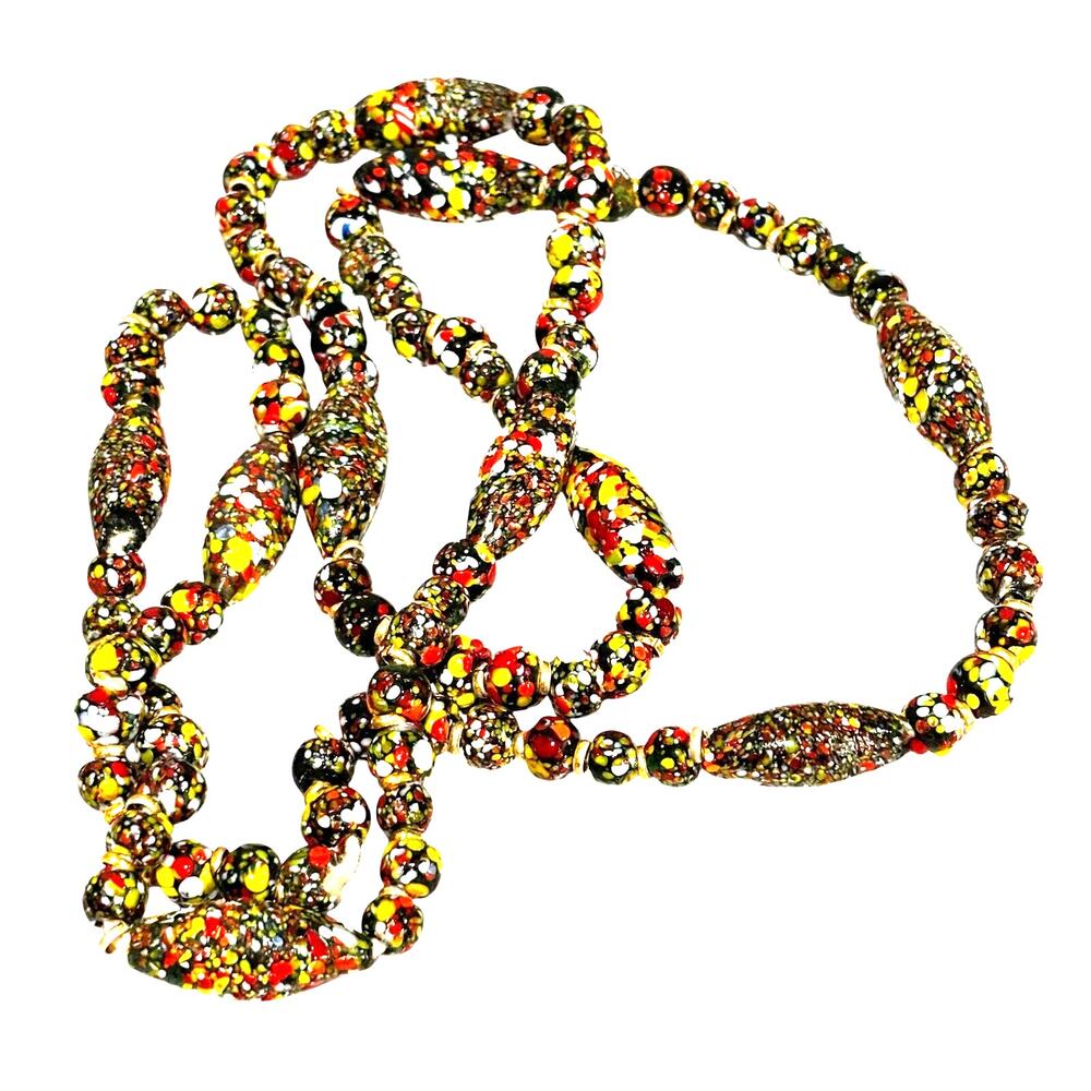 Vintage Art glass beaded necklace single loop 36" multicolor lampwork beads
